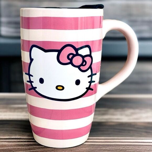 NWT Gorgeous Hello Kitty Pink Striped Glossy Ceramic Tall Travel Mug with lid - Picture 14 of 16